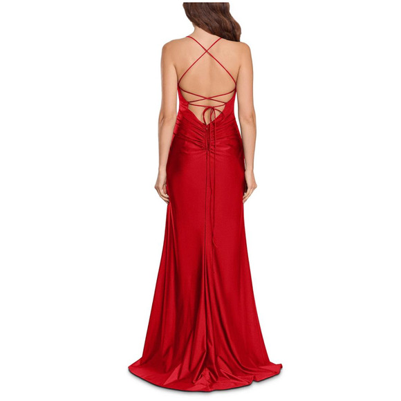 XSCAPE Stretch Satin Strappy Side-gathered High-slit Dress In Red Size 6 NWOT - Picture 4 of 11